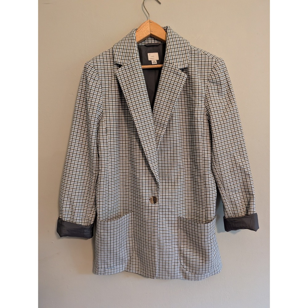 A New Day Womens XS Plaid Blazer Gray Blue Check Single Button Jacket Pocketed